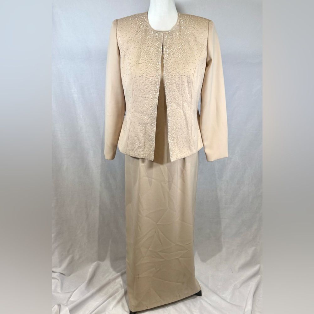 Vintage 90s Cachet 2 piece ivory crystal beaded jacket and dress set size 4P